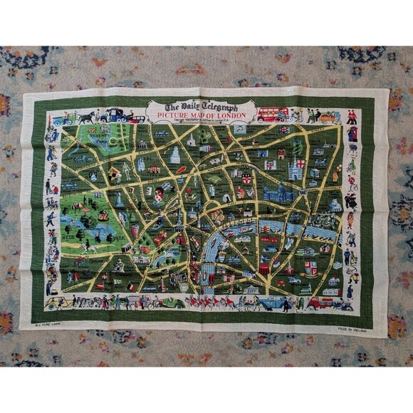 Vintage‎ Mid Century Irish Linen Souvenir Tea Towel - Picture Map of London - Picture 1 of 6
